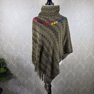 One Size Brown Cream Chevron Striped Poncho Rainbow Embroiderd Tassels Fringe